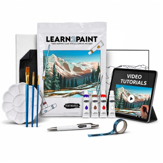 Painting4Real; Alpine Morning Painting4Real Acrylic Paint by Video Kit with Video Tutorials - How to Paint with Acrylic Paint Set for Adults, Learn to Paint Alpine Morning - 9 Peices Painting Set for Adults, Beginners, Art Lovers; Category:Canvas Painting Kits; Image:1